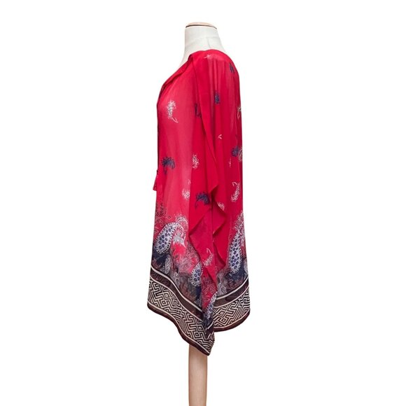 Lane Bryant Red Paisley Print‎ Sheer Poncho Top Tassel Tie Neckline Kimono 22/24 - Picture 3 of 8